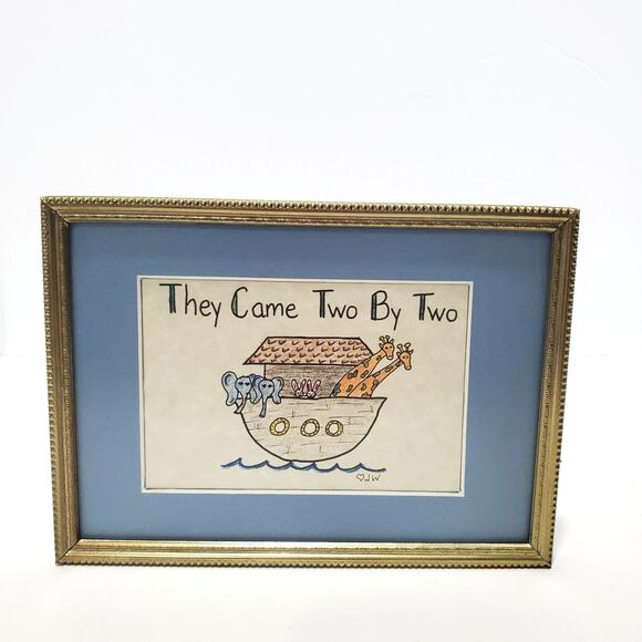 Vtg Noah's Arc They Come By Two Framed Matted Signed Drawing 5x7 Nursery Art - Picture 1 of 9